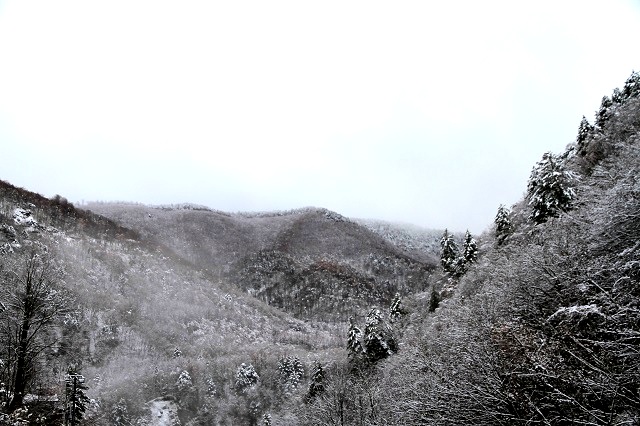 2015年初雪玄関からの山間 2015年初雪玄関からの山間